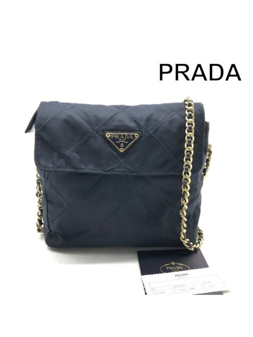 Prada Quilted Chain Shoulder Bag Nylon Navy